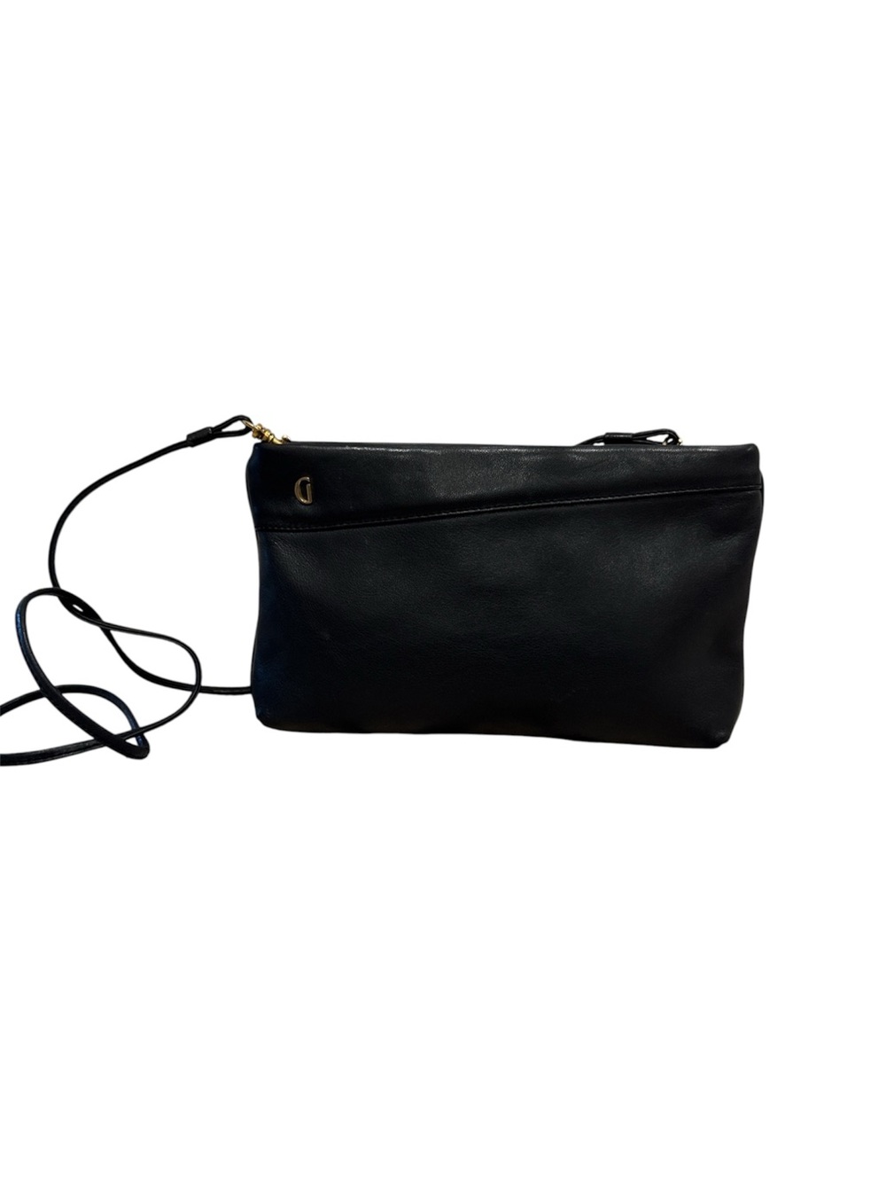Vintage Ganson Black Leather Slim Crossbody Bag with Gold-tone G Accent Logo